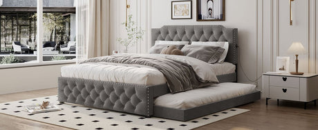 Upholstered Linen Platform Bed With Twin Trundle And USB Ports - Zenvia - Sleep Galleria