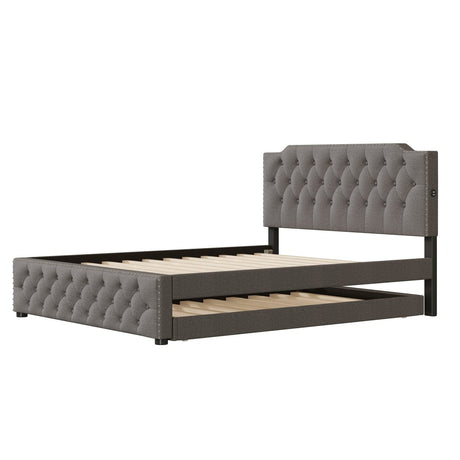 Upholstered Linen Platform Bed With Twin Trundle And USB Ports - Zenvia - Sleep Galleria