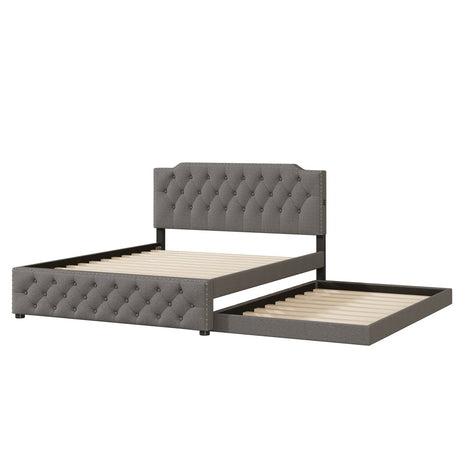 Upholstered Linen Platform Bed With Twin Trundle And USB Ports - Zenvia - Sleep Galleria