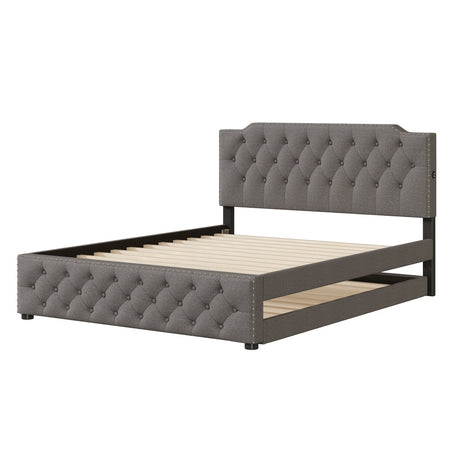 Upholstered Linen Platform Bed With Twin Trundle And USB Ports - Zenvia - Sleep Galleria