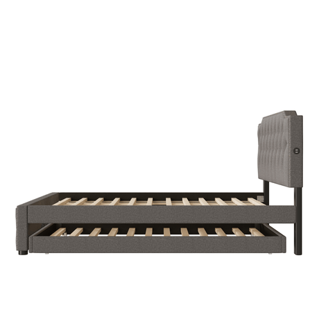 Upholstered Linen Platform Bed With Twin Trundle And USB Ports - Zenvia - Sleep Galleria