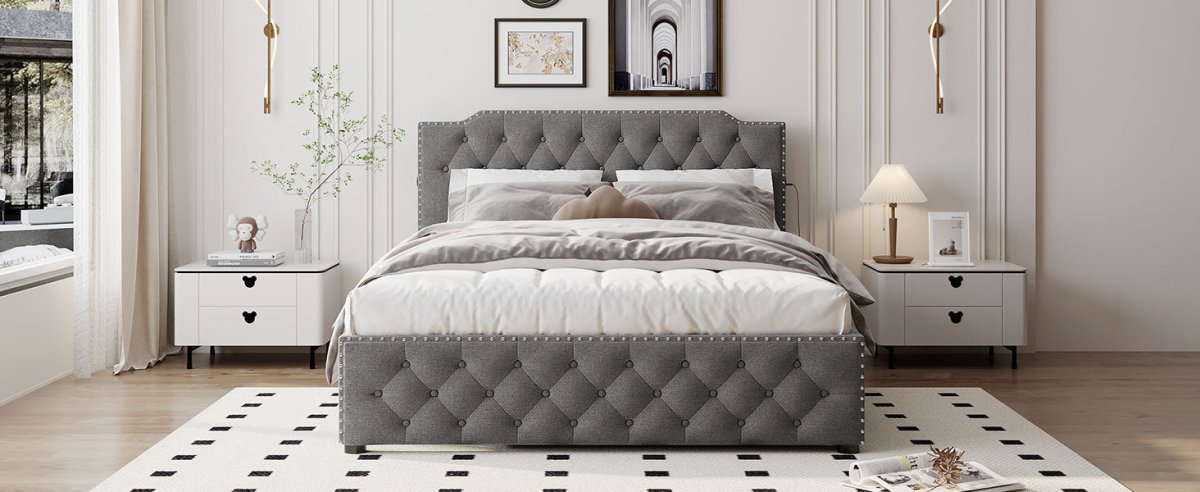 Upholstered Linen Platform Bed With Twin Trundle And USB Ports - Zenvia - Sleep Galleria