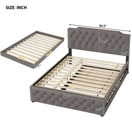 Upholstered Linen Platform Bed With Twin Trundle And USB Ports - Zenvia - Sleep Galleria