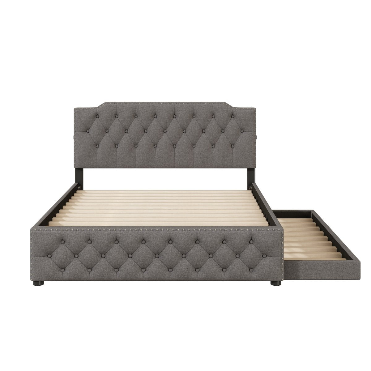 Upholstered Linen Platform Bed With Twin Trundle And USB Ports - Zenvia - Sleep Galleria