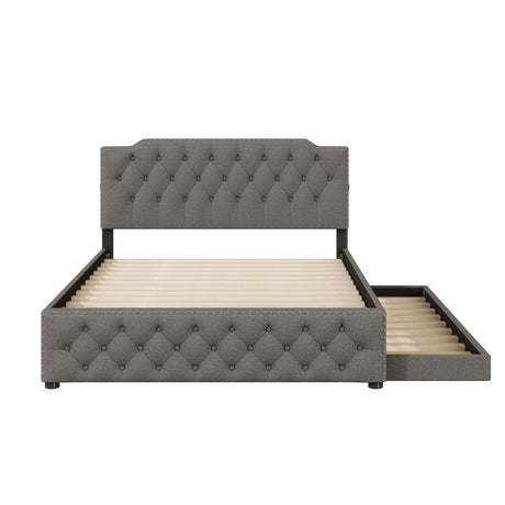 Upholstered Linen Platform Bed With Twin Trundle And USB Ports - Zenvia - Sleep Galleria